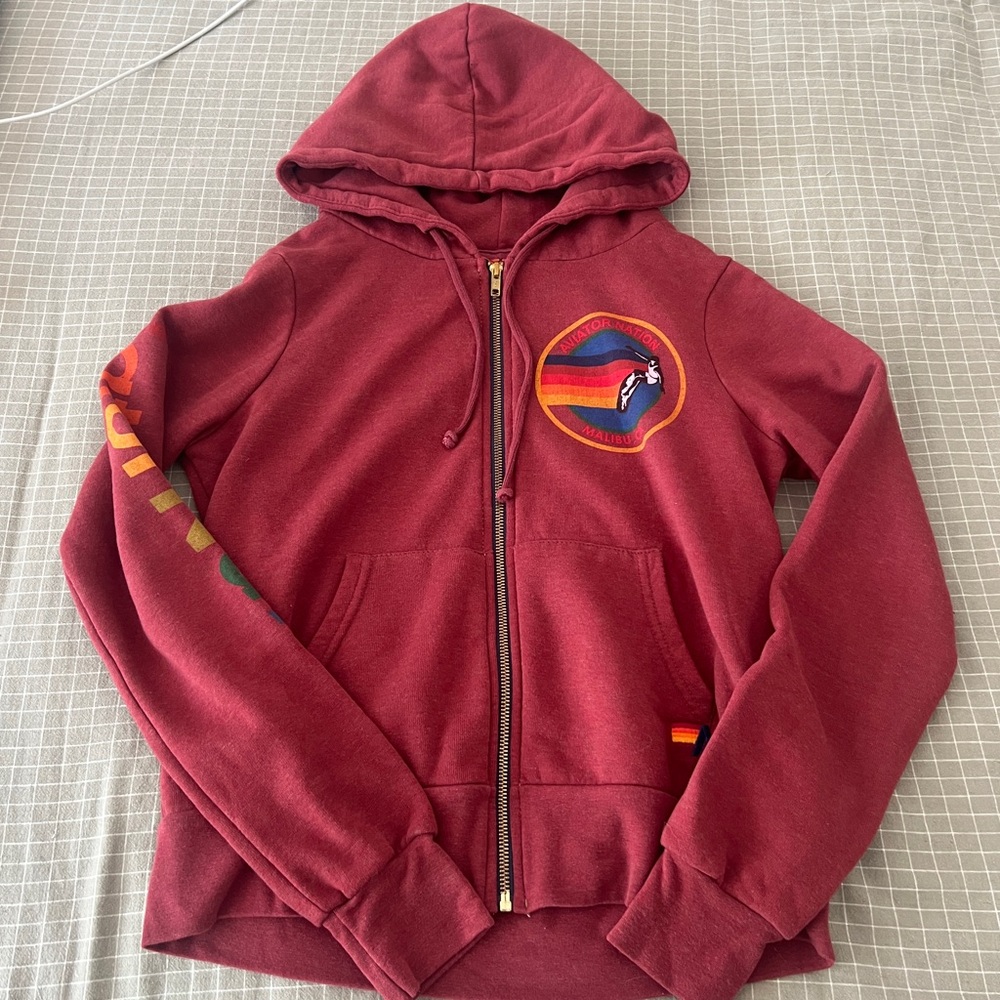 Aviator Nation Burgundy Hoodie with Rainbow Emblem